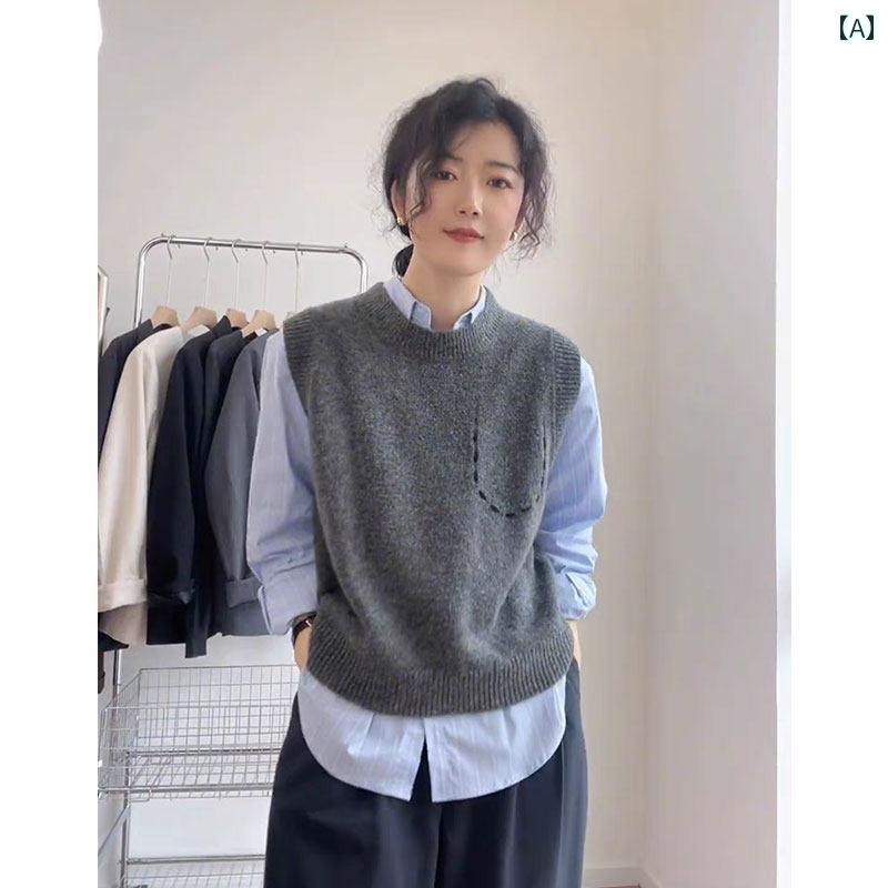 レディース ファッション 春夏 秋冬 かわいい オシャレ 韓国 小柄 女性 ベスト ラウンドネック ニット ベース レイヤー|YKC8