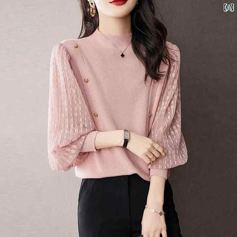 レディース ファッション 春夏 秋冬 かわいい オシャレ 韓国　ニット　セーター　パッチワーク　薄手　ランタン　スリーブ　ベース　レイヤー