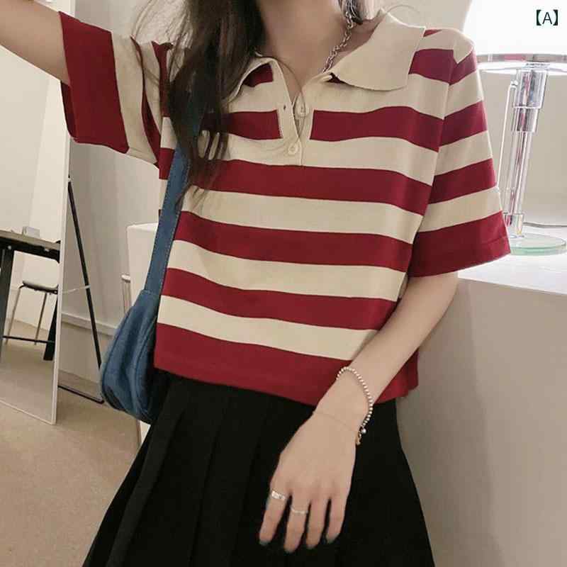 レディース ファッション 春夏 秋冬 かわいい オシャレ 韓国 ストライプ　半袖　T　シャツ　ショート　ポロ　カラー　トップス　ブロック