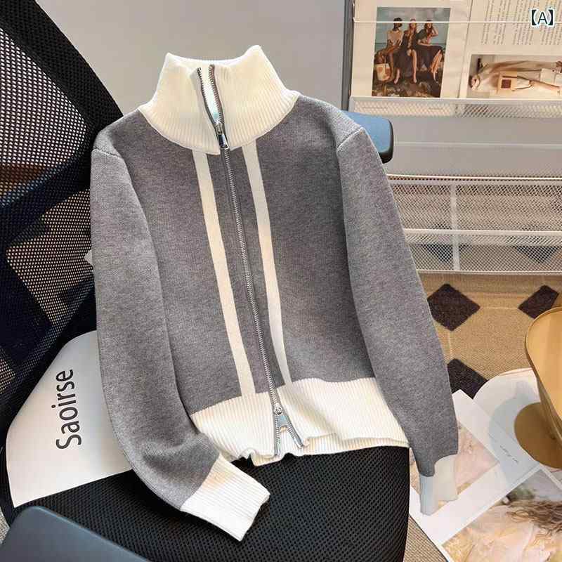 レディース ファッション 春夏 秋冬 かわいい オシャレ 韓国 カラー ブロック ニットカーディガン フード ジップアップ 小柄 スタンドカラー トップス|YKC8