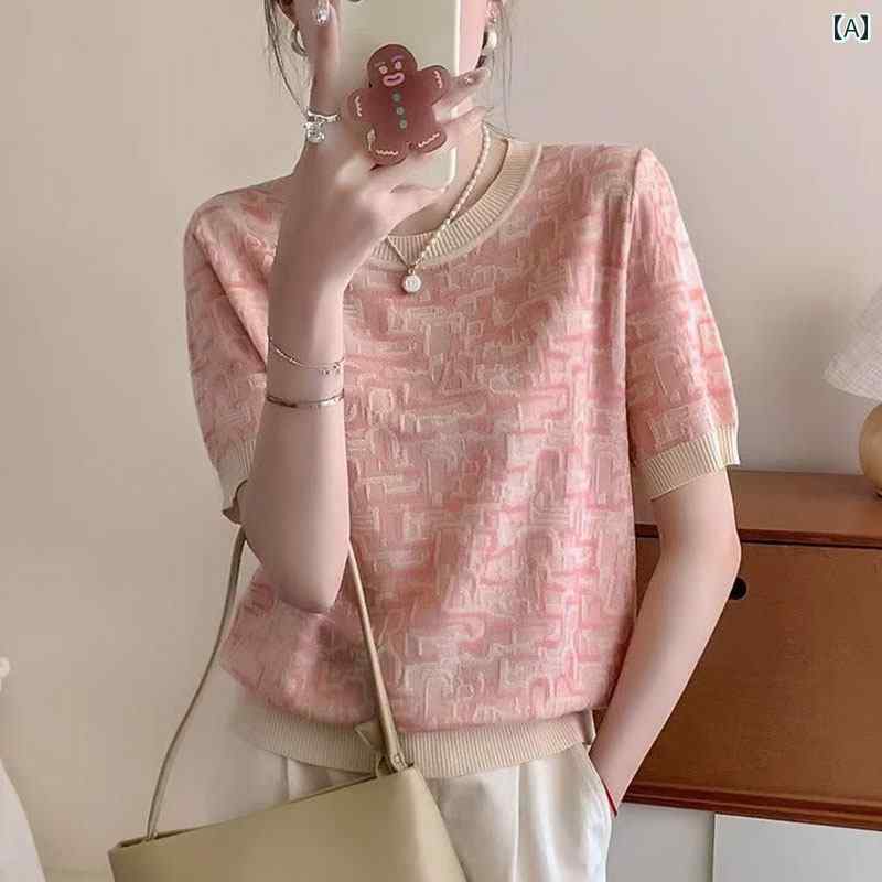 レディース ファッション 春夏 秋冬 かわいい オシャレ 韓国 冷感　ニット　半袖　T　シャツ　ジャカード　シック　薄手　ラウンドネック　トップス