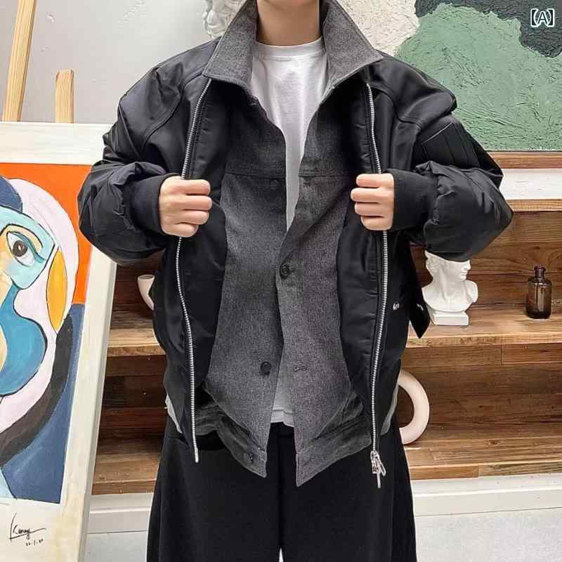 メンズ ファッション 春夏 秋冬 かっこいい オシャレ モテ 男性用 紳士服 服 韓国 シンプル 大人 パッチワーク　襟　　フェイク　ツーピース　コットンジャケットコート　フィットベースボール　ジャケットフライヤー
