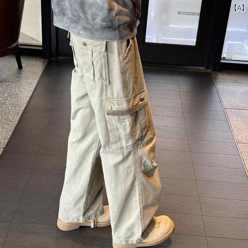 メンズ ファッション 春夏 秋冬 かっこいい オシャレ モテ 男性用 紳士服 服 韓国 シンプル 大人 アメリカン レトロ マルチ ポケット ワークウェア ストレート パンツ 女兼 クリーン フィット カップル ワイド レッグ ジーンズ|YKC8