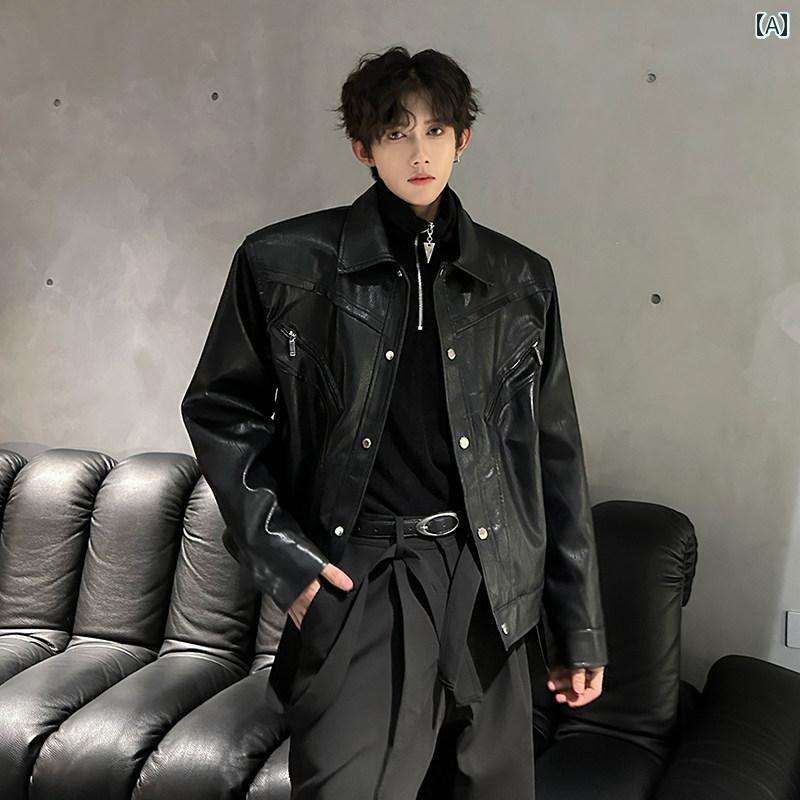 メンズ ファッション 春夏 秋冬 かっこいい オシャレ モテ 男性用 紳士服 服 韓国 シンプル 大人 クリーン　フィット　ショート　ショルダー　レザージャケット　アメリカン　ライダースジャケット