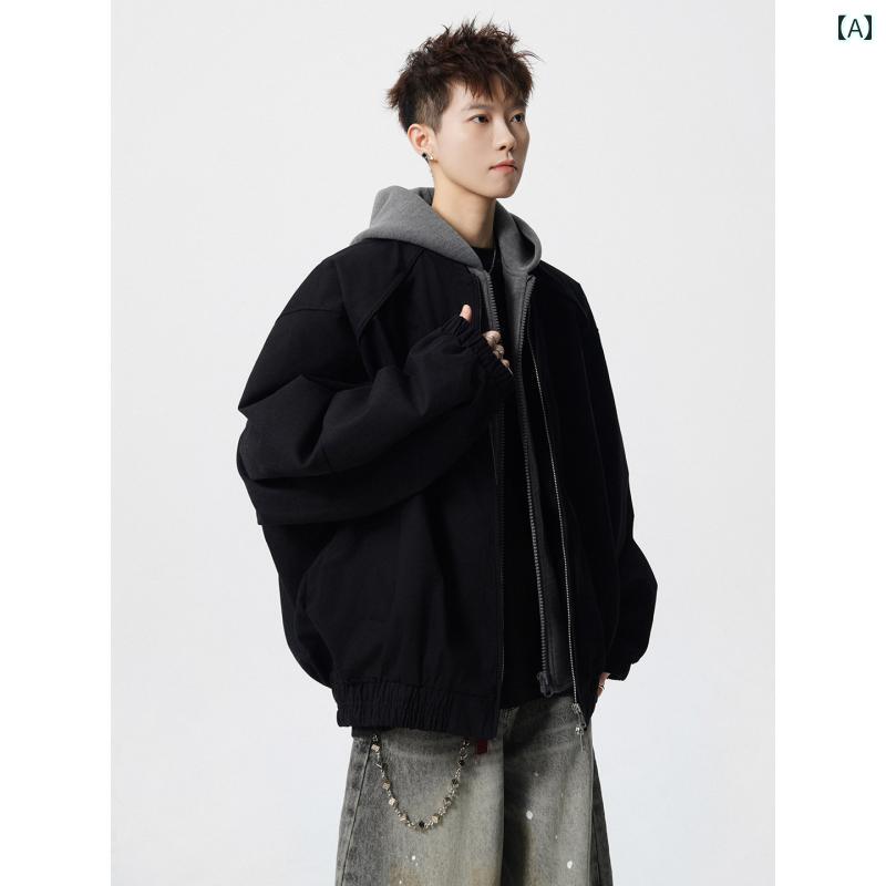 メンズ ファッション 春夏 秋冬 かっこいい オシャレ モテ 男性用 紳士服 服 韓国 シンプル 大人 フェイク　ツーピース　コントラスト　カラー　フード　ジャケット　アメリカン　ストリート　カジュアル　ブラック　フライト　ジャケット