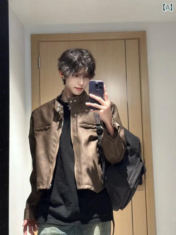 メンズ ファッション 春夏 秋冬 かっこいい オシャレ モテ 男性用 紳士服 服 韓国 シンプル 大人 マイ　ラール　ストリート　ジャケット　レトロ　茶色　PU　レザージャケット　ショート　ジャケット 5,963円