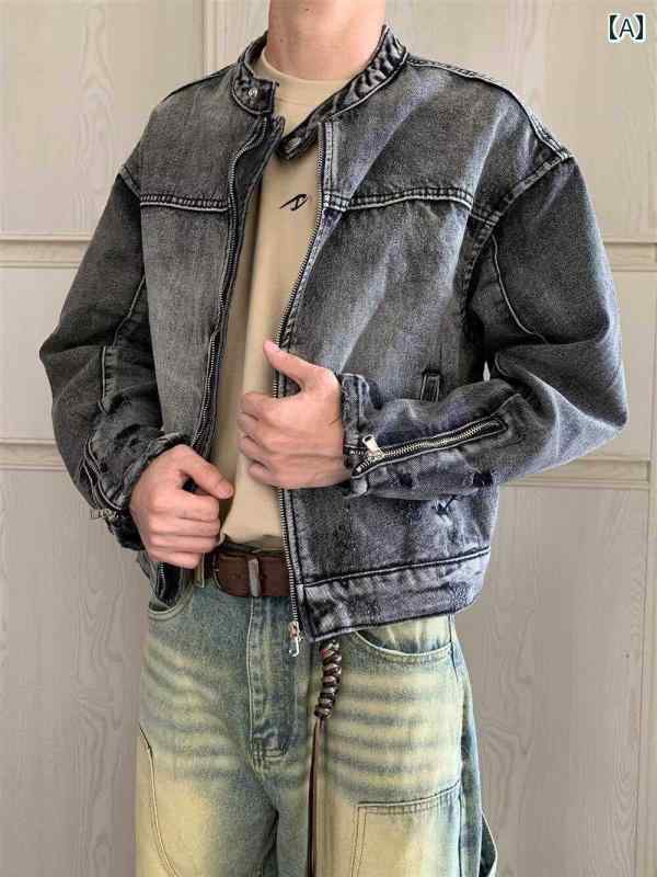 メンズ ファッション 春夏 秋冬 かっこいい オシャレ モテ 男性用 紳士服 服 韓国 シンプル 大人 レトロ　ヘビーウェイト　スタンドカラー　デニムジャケット　和　ウォッシュ　ダメージ　加工　ショート　丈　カップル　トップス