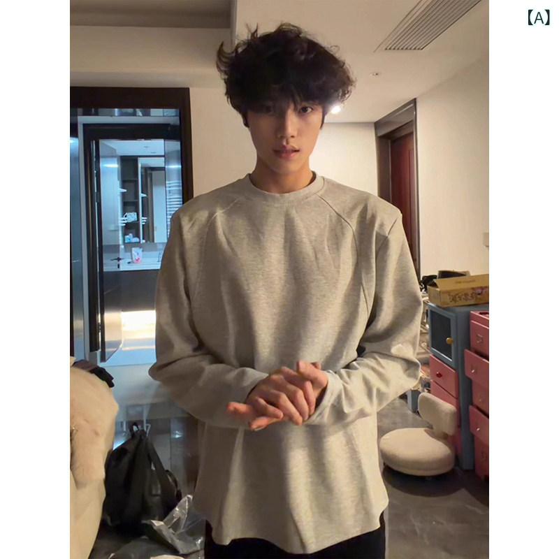 メンズ ファッション 春夏 秋冬 かっこいい オシャレ モテ 男性用 紳士服 服 韓国 シンプル 大人 レトロ　グレー　カラー　重ね着　スタイル　ぴったり　アメリカン　裏　起毛　ロングスリーブ　T　シャツ