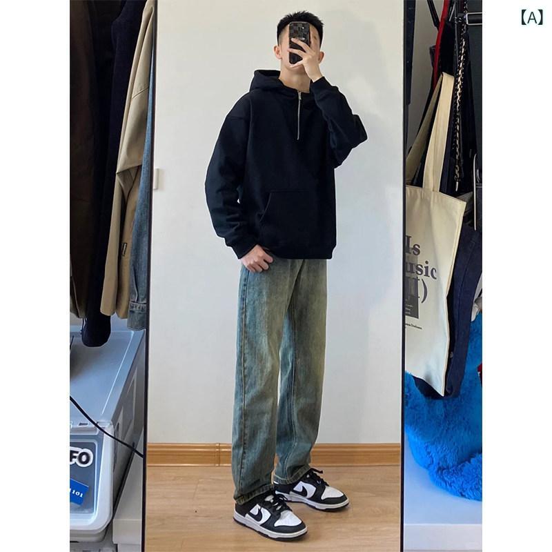 メンズ ファッション 春夏 秋冬 かっこいい オシャレ モテ 男性用 紳士服 服 韓国 シンプル 大人 アメリカン　レトロ　マディ　ブルーデニム　ジーンズ　ウォッシュ　加工　ダメージストレート　レッグ　クール　スタイリッシュ　ストリート　パンツ｜YKC8