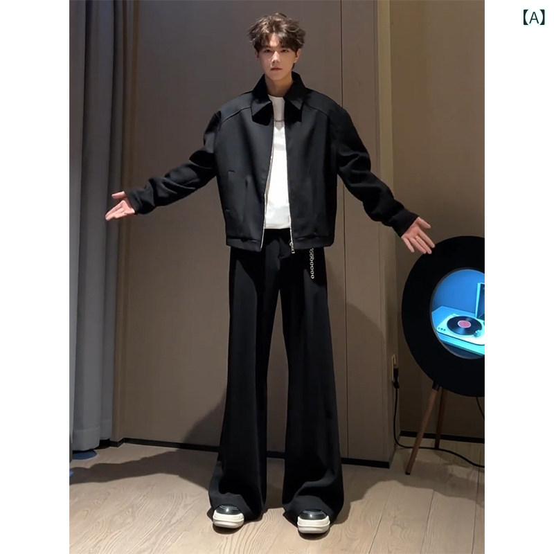 メンズ ファッション 春夏 秋冬 かっこいい オシャレ モテ 男性用 紳士服 服 韓国 シンプル 大人 ブラック　クリーン　フィット　フレア　パンツ　ドレープ　フリース　裏地　脚　美しくカジュアル　パンツ