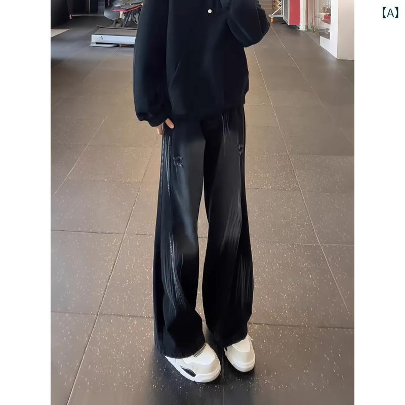メンズ ファッション 春夏 秋冬 かっこいい オシャレ モテ 男性用 紳士服 服 韓国 シンプル 大人 アメリカン　スプラッター　ペイント　フェイク　破れ　ジーンズ　フリース　裏地　ストリート　パンツ　ストレート　レッグ　カーブ　ワイド
