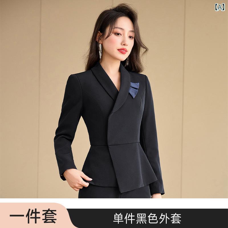 スーツ セットアップ ビジネス フォーマル ジャケット パンツ ユニフォーム エレガント 女性用 ブラック ブルー アプリコット 春秋