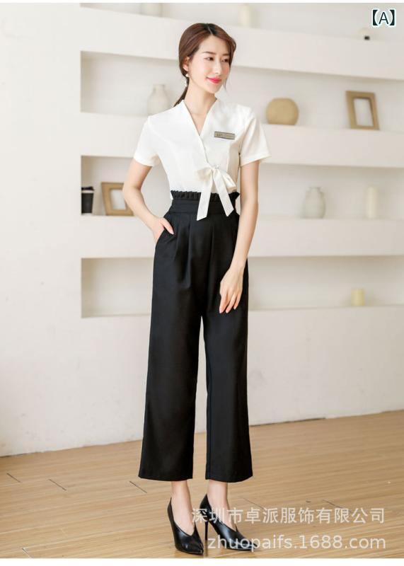 制服 美容師 スキンケアセラピスト エステ赤ちょうちん フットケア  窈窕たる  セットアップ レディース 吸湿速乾 半袖 V素っ首 九分丈ズボン下 白 杏 春夏秋