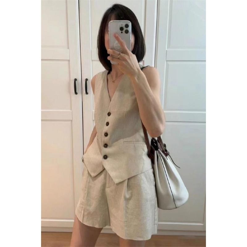 レディース ノースリーブ ベスト ショートパンツ セット コットン リネン 混紡 夏 通勤 エレガント 単色 ナチュラル アーバン
