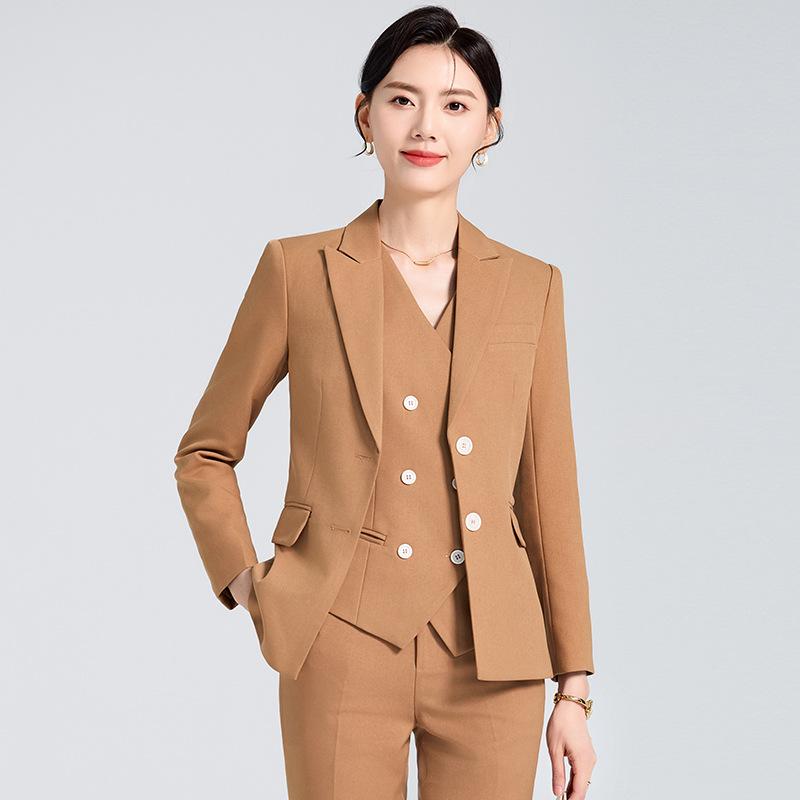 スーツ ベスト 3点セット ジャケット パンツ 長袖 9分丈 秋 職業服 通勤 受付 高級感 ポリエステル ネイビー カーキ グリーン エレガント 韓国 スタイリッシュ