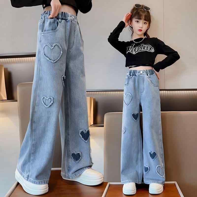 キッズ ファッション 女の子 かわいい おしゃれ 韓国 子供服 プリンセス 高級 ジーンズ 春秋 ストレッチ ワイド パンツ ロング ハート デニム｜YKC8