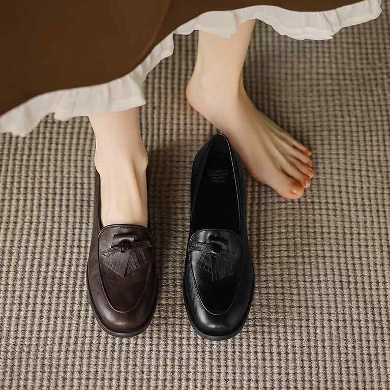 レディース 置き目毛革 パンプス 亭主もち靴 なめし革 牛皮 タッセル シュロの葉 チャンキーヒール 中跟 3珊 厚底  歩き分かりやすい 履き分かりやすい 疲れにくい スリッポン ラウンドトゥ 心地よい レトロ 春夏秋