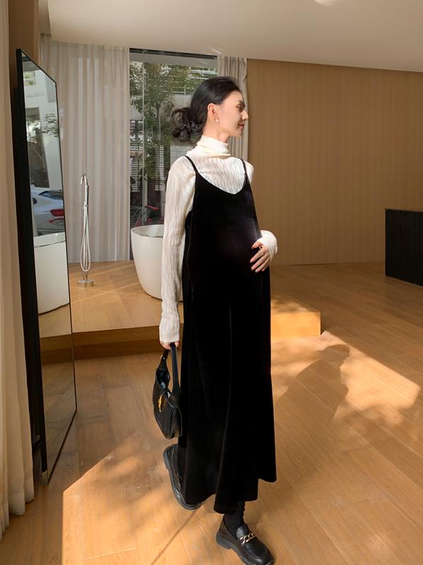 レディース ファッション 春秋 かわいい おしゃれ マタニティ 妊娠中 ベビー 赤ちゃん ベルベット ワンピース ドレス お腹カバー シンプル スカート
