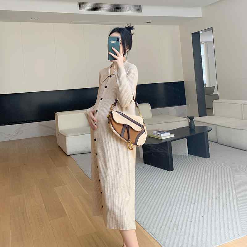 レディース ファッション 春秋 かわいい おしゃれ マタニティ 妊娠中 ベビー 赤ちゃん ニット ロング ワンピース シンプル 長袖
