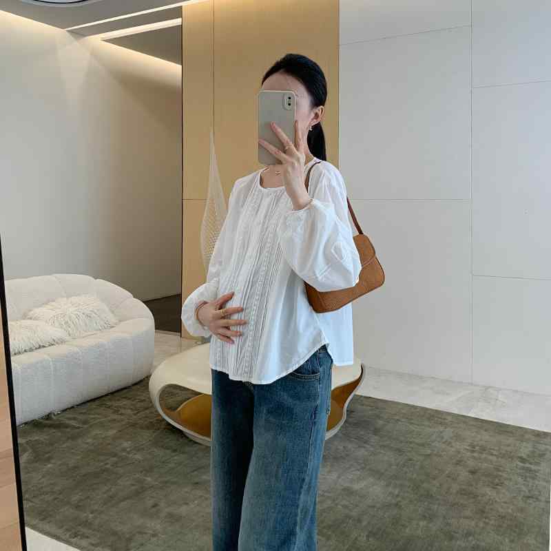 レディース ファッション 春秋 かわいい おしゃれ マタニティ 妊娠中 ベビー 赤ちゃん シャツ トップス 女性 デニム パンツ 長袖 シンプル