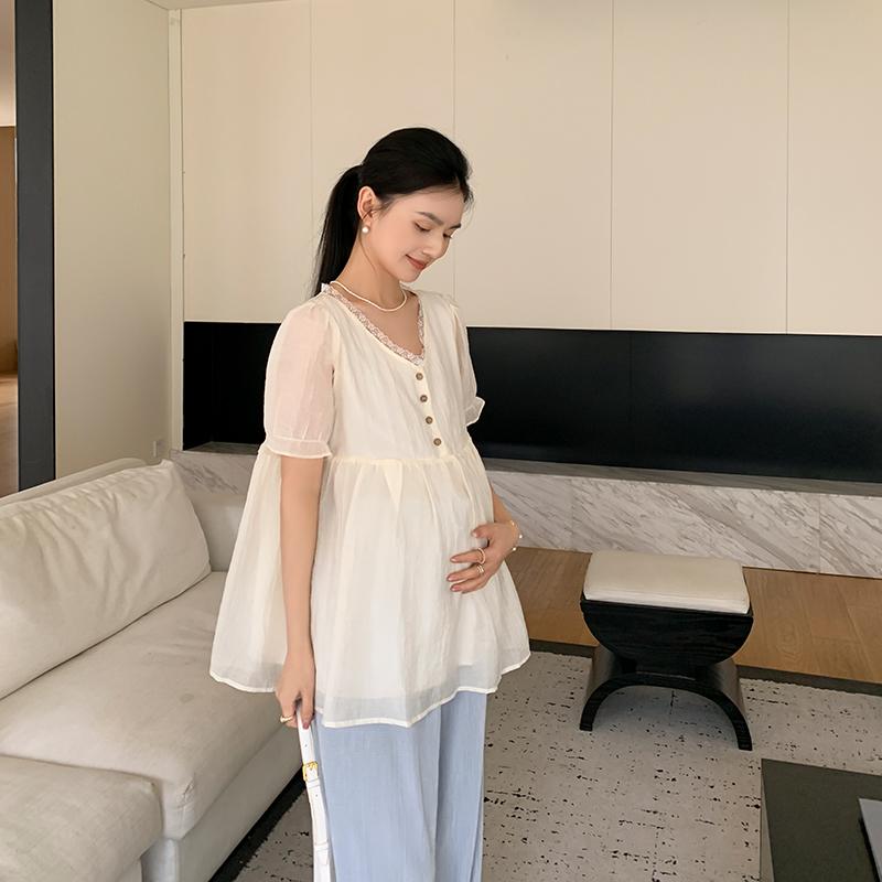 レディース ファッション 夏 かわいい おしゃれ マタニティ 妊娠中 ベビー 赤ちゃん Vネック レース シャツ トップス 冷感 シンプル フリル 半袖