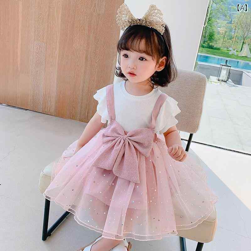 キッズ ファッション 女の子 かわいい おしゃれ 韓国 子供服 プリンセス 発表会 結婚式 高級 赤ちゃん 夏 幼児 リボン 半袖 シースルー キラキラ ガーリー ワンピース ドレス フリル