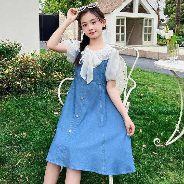 キッズ ファッション 女の子 かわいい おしゃれ 韓国 子供服 プリンセス 高級 女の子 デニム ドレス スカート ワンピース 半袖 リボン