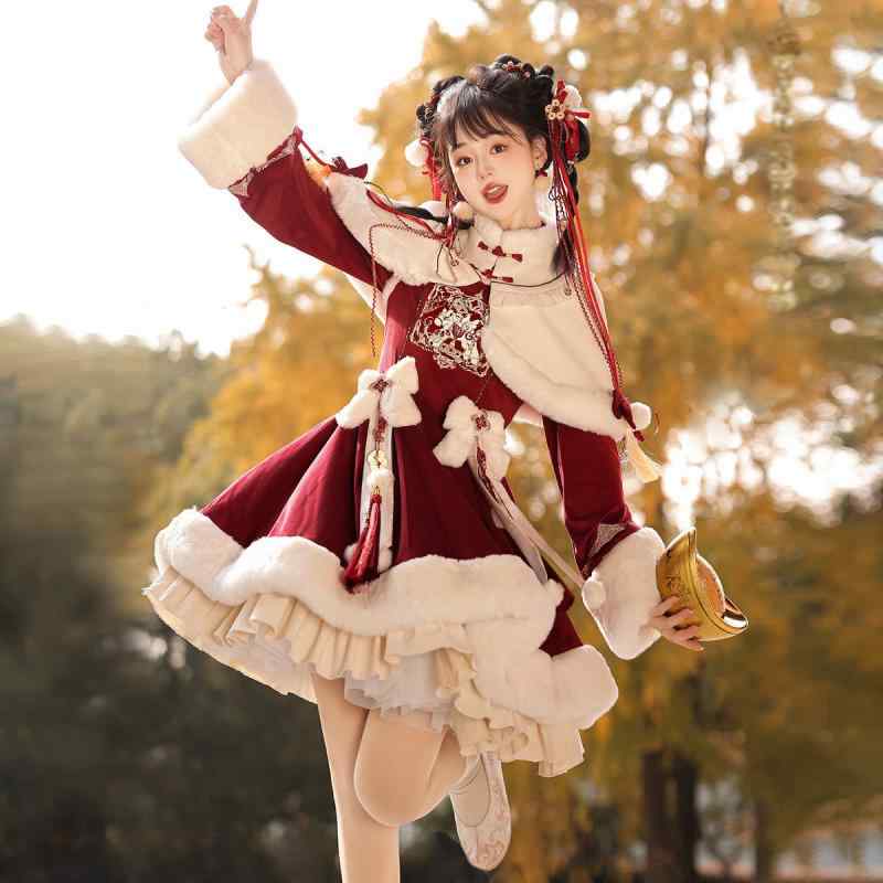 ワンピース レディース ロリータ かわいい 2点セット 傘スカート チャイナ風 熊 刺・墸 ポリエステル ドール襟 長袖 中丈スカート 冬 S M L XL