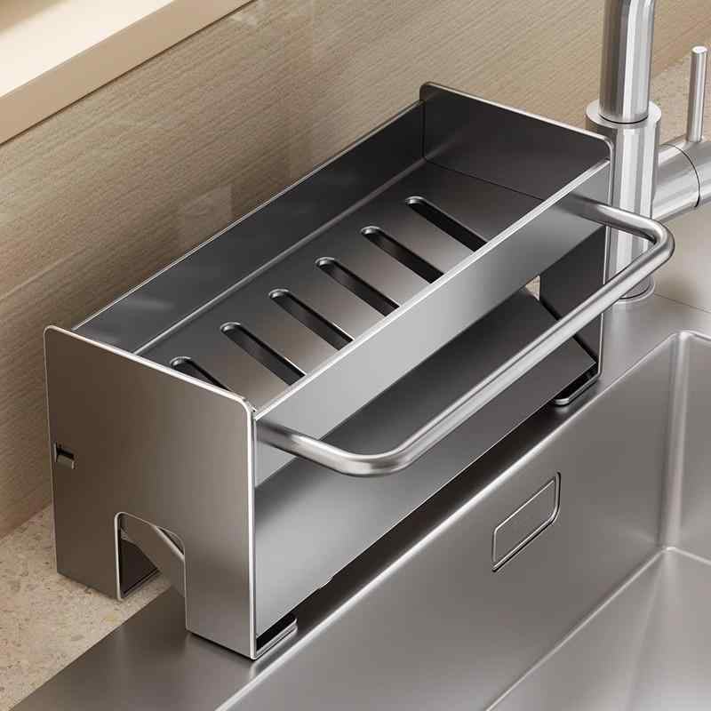 キッチン スポンジ ラック 蛇口 ホルダー 水切り かご スチール たわし 入れ 置き 型 多機能 シンク 収納 おしゃれ 置き 型 炭素 鋼 製 豪華 版 グレー ホワイト｜YKsakai