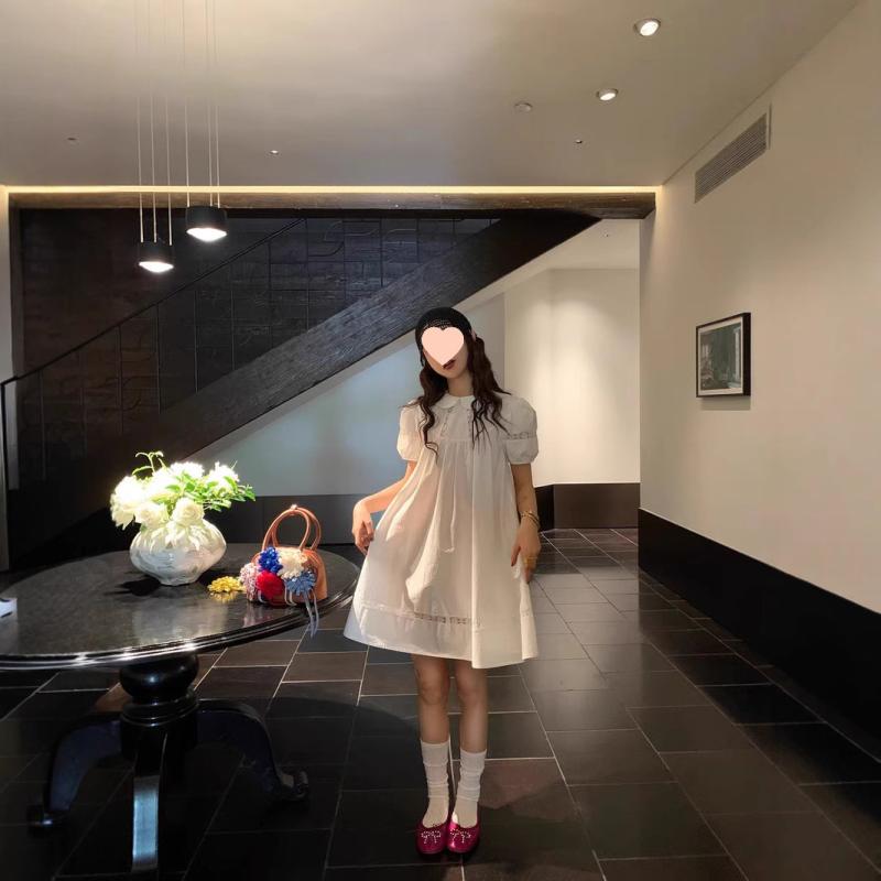 ワンピース レディース 春夏 レース パフスリーブ 中国風 チャイナドレス風 ロリータ ホワイト かわいい 膝丈 チュール 接触冷感 伸縮性