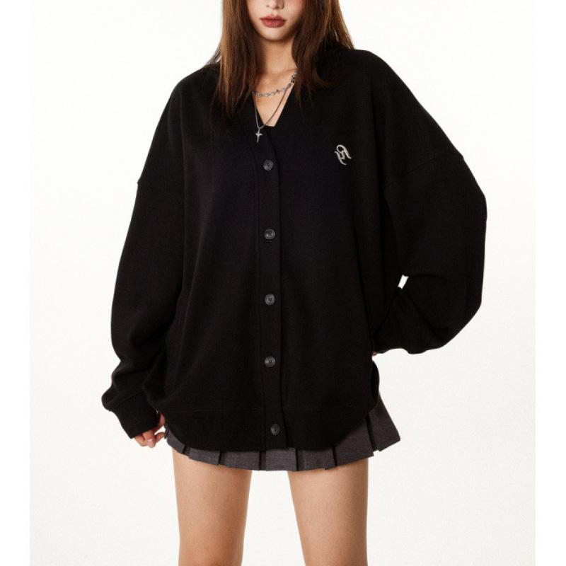 アウター レディース 春秋 美式 レトロ 野球 服 400G スウェット カーディガン ゆったり ブラック 黒 森ガール