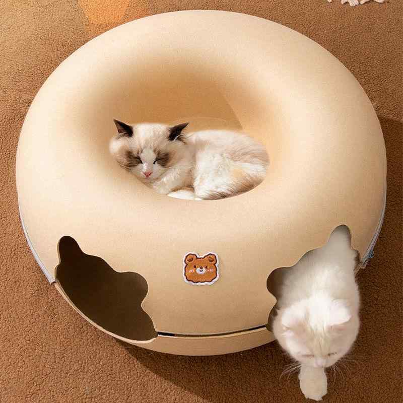 猫窩 ペット用ベッド ドーナツ型 ハウス フェルト 取り外し可能 トンネル付き 隠れ家 あったか 深灰色 浅灰色 かわいい 小熊3