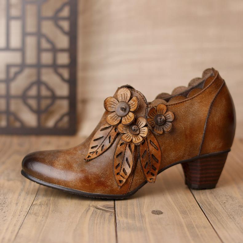 パンプス レディース ラウンドトゥ 革 チャンキーヒール 真っただ中踵 花柄 春夏 秋 ヴィンテージ レトロ スリッポン 置き目とり捨てる 成人女性靴 普段使い走り 耐摩耗性 上滑り打ちきり