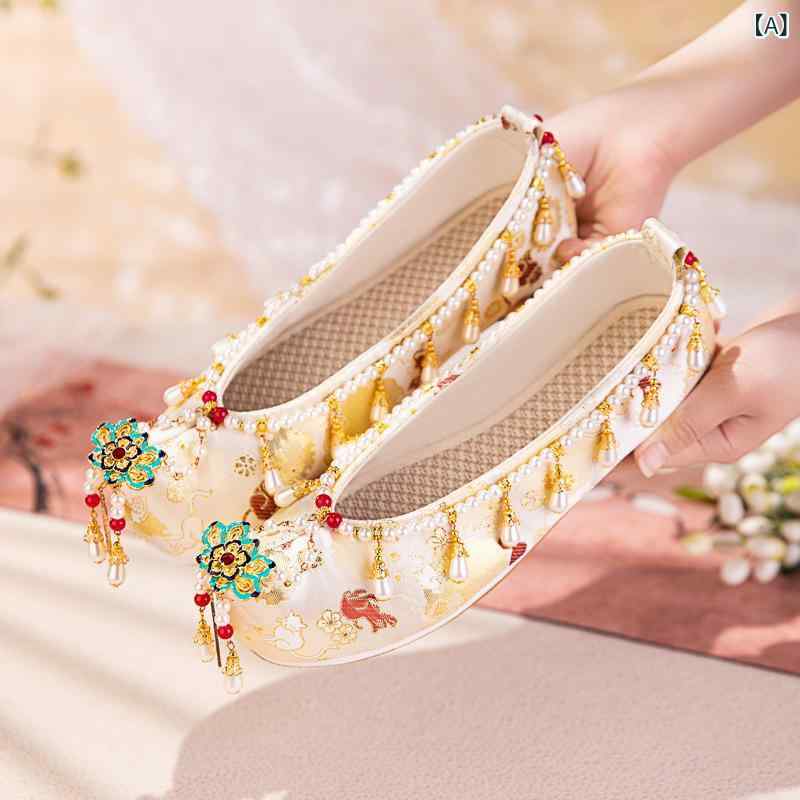 靴 レディース 花柄 手編み シューズ 漢服 ウェディング 結婚式 チャイナドレス 平底 ぺたんこ ローヒール 歩きやすい 痛くなりにくい 民族風 刺・墸 婦人靴 白 春夏(x2)
