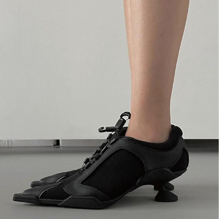 パンプス レディース スニーカーソール 異素材切り替え ポインテッドトゥ ハイヒール 6cm~8cm ブラック ストリート 秋冬