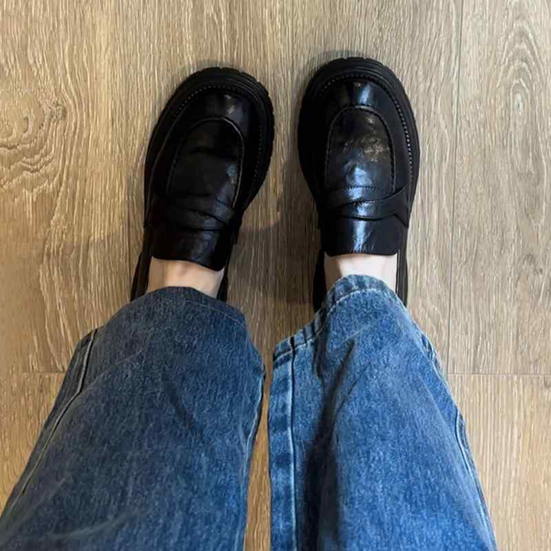 ローファー レディース 厚底 牛革 ラウンドトゥ 防水 通勤 粗めヒール レザーシューズ 春 スリッポン 黒