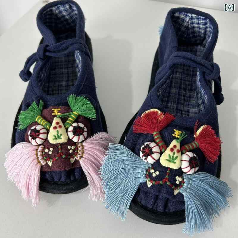 布靴 メンズ 虎 刺繍 通気性 千層底 刺しゅう 歩きやすい キャンバス フラット インソール ラウンドトゥ 布製 ピンク系 ブルー系