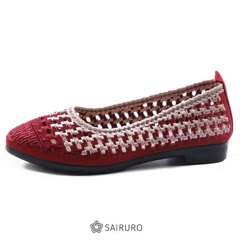 レディース 布シューズ 刺繍 軽量 スリッポン メッシュ 通気性 快適 ぺたんこtype 女性 ミセス シニア カジュアル 普段使い 婦人靴 お母さん ママ 黒 赤 グレー(x2)