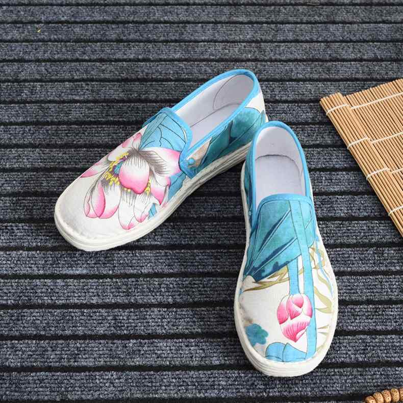 布靴 レディース メンズ チャイナ風 刺繍 フラットソール スリッポン スニーカー カジュアル かわいい 白鶴印花 荷花印花 海浪印花