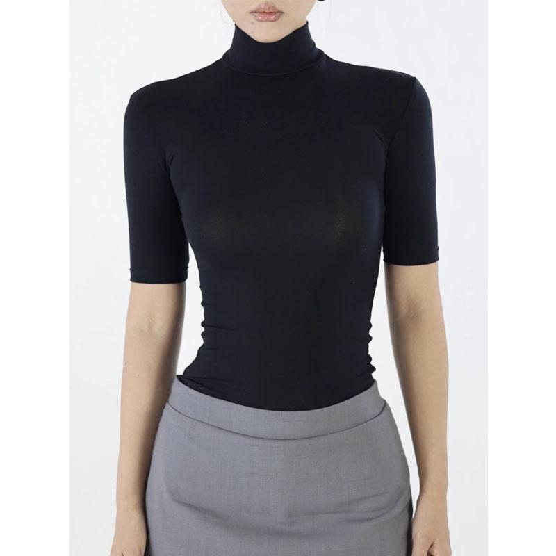 Tシャツ レディース 半袖 高襟 ポリエステル レトロ 薄手 インナー 2way 黒 トップス カットソー 無地 M L エレガント フェミニン 上品3