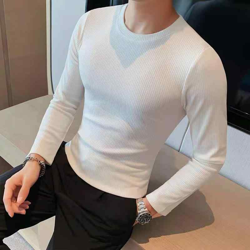 Tシャツ 男性用 トップス 長袖 インナー ラウンドネック スリム 無地 普段使い リブ裾 ポリエステル ホワイト ブラック ベージュ グリーン コーヒー色3