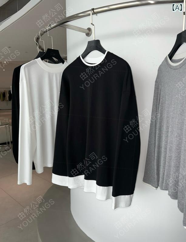 Tシャツ レディース 長袖 コットン ドロップショルダー ラウンドネック 切り替え バイカラー カジュアル トップス 通勤 ブラック ホワイト グレー ベージュ3