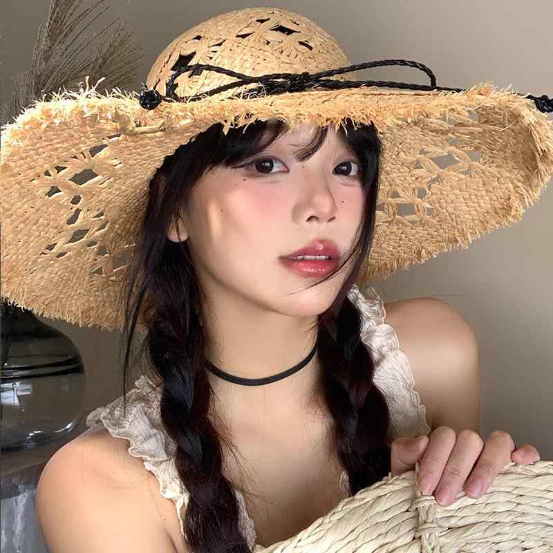麦わら帽子 レディース 春夏 ラフィアハット 大つば 日焼け防止 UVカット 紫外線対策 通気性 遮光 あご紐付き おしゃれ かわいい 帽子 ビーチ 海 旅行 リゾート カキ色3