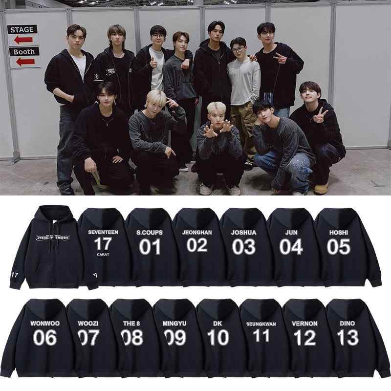 パーカー 男性用 薄手 コットン 長袖 ジップアップ フード付き ブラック カットソー S.COUPS JEONGHAN JOSHUA JUN HOSHI WONWOO WOOZI THE8 MINGYU DK SEUNGKWAN VERNON DINO3