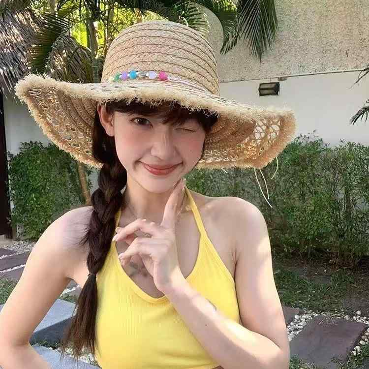 麦わら帽子 レディース 麦わら帽子 女性用 ラフィアハット つば広ハット 遮光 日よけ帽 UVカット 通気性 素材 春夏 海 旅行 リゾート3