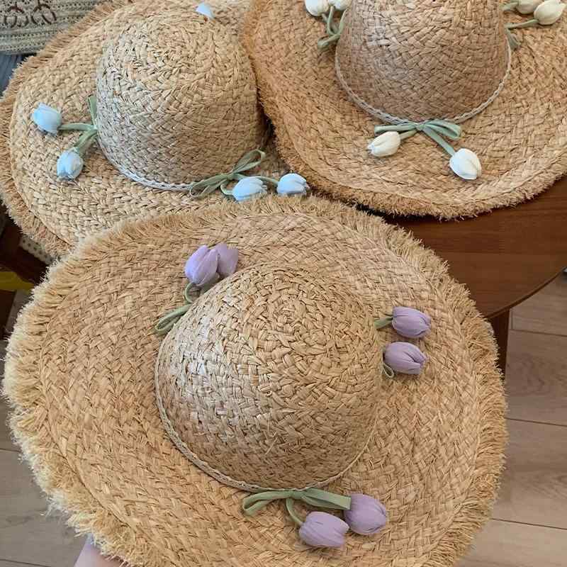 麦わら帽子 レディース チューリップ ビーチ リゾート 遮光 日焼け防止 ハット 小顔効果 かわいい 春夏3