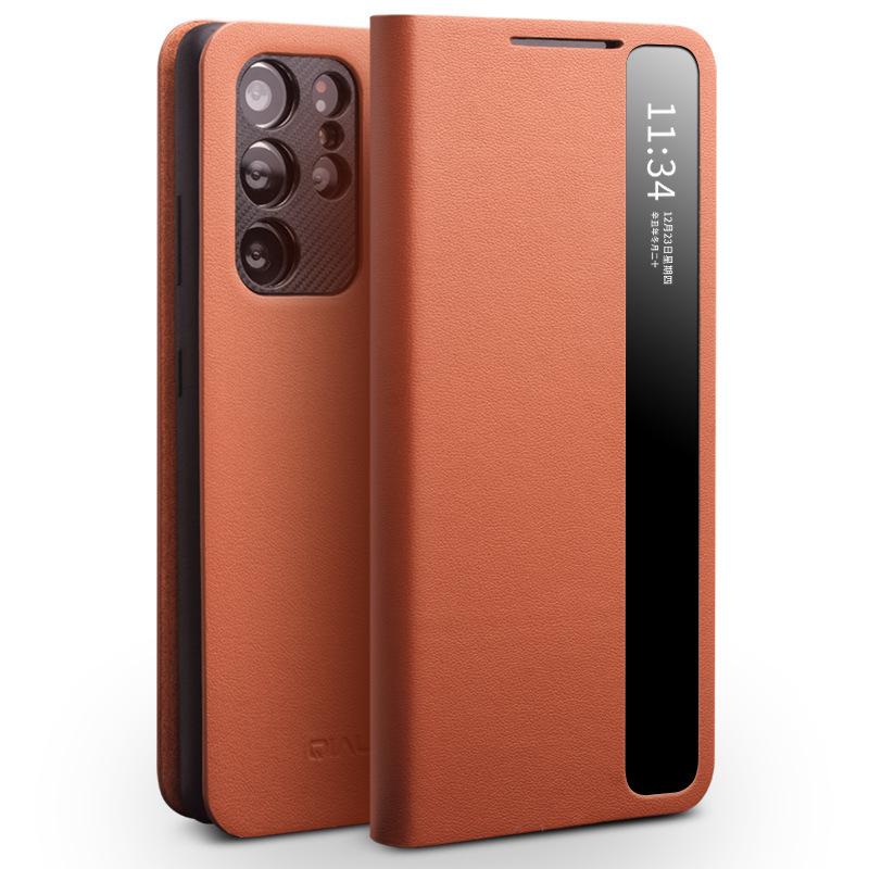 スマホケース Samsung S21 S21+ Ultra 5G 革 かっこ良い 静止状態 窓付き添い人 耐衝撃 防御すること 鞍赤銅色 黒いこと