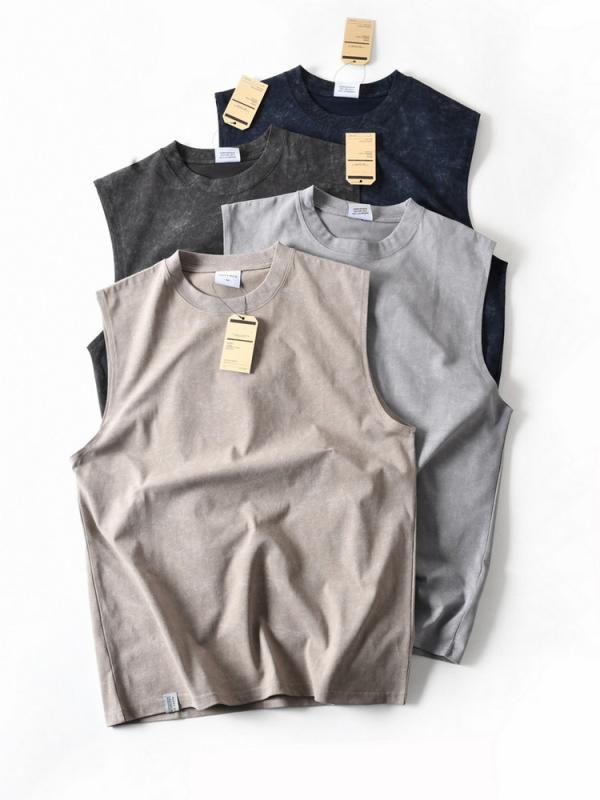 タンクトップ 男性用 絞り染め ヘビーウェイト ウォッシュ加工 コットン ノースリーブ Tシャツ ゆったり ラウンドネック 汗取りインナー 普段使い レトロ 接触冷感3