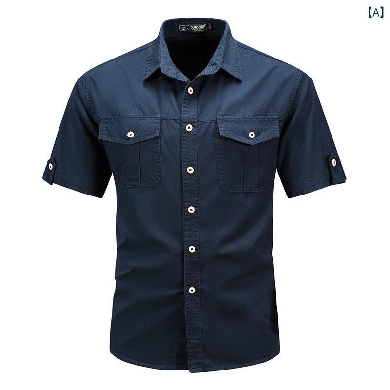 シャツ メンズ 半袖 コットン ワークシャツ 薄手 無地 7分袖 ミリタリー ルーズ カジュアル M L XL XXL 3XL 4XL 5XL 春夏