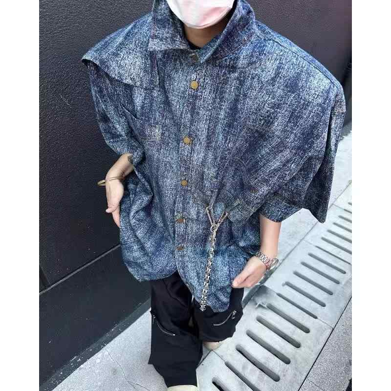 シャツ メンズ 男性用 デニム 半袖 ウォッシュ加工 レトロ 配色 切り替え デザイン トップス 夏